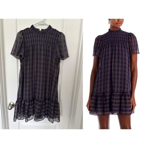 Aqua Dresses & Skirts - AQUA (Bloomingdale's) Smocked Plaid Ruffle Mini Shift Dress Size M